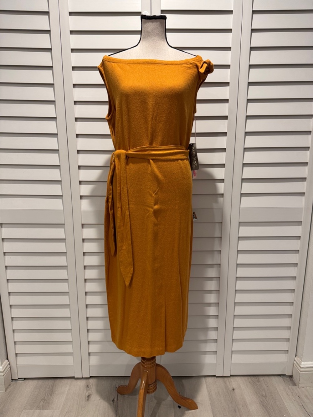 eva mendes for New York & Company Mustard Off-Shoulder Midi Dress with Tie Waist